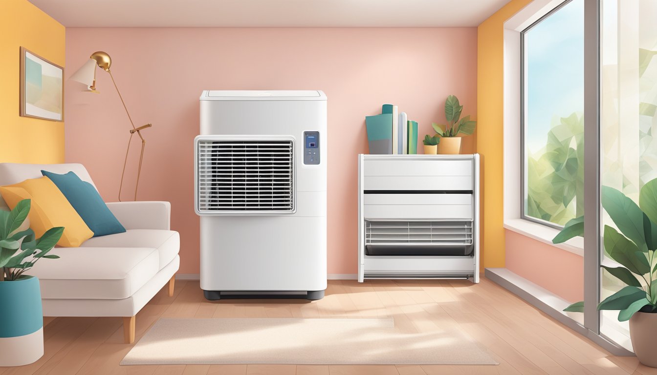 A hand reaches for the sleek, modern cooler air conditioner, set against a backdrop of a hot, sunny room