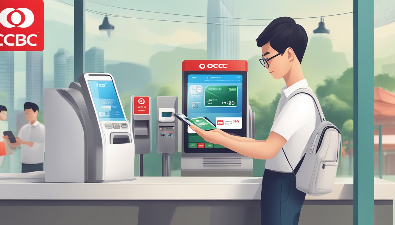 A person in Singapore using their phone to make a payment with OCBC Easicredit. The scene should show the phone screen and the OCBC logo