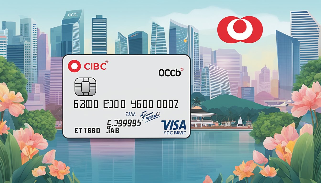 A credit card with "OCBC Easicredit" logo against a Singapore cityscape backdrop, with an annual fee label prominently displayed