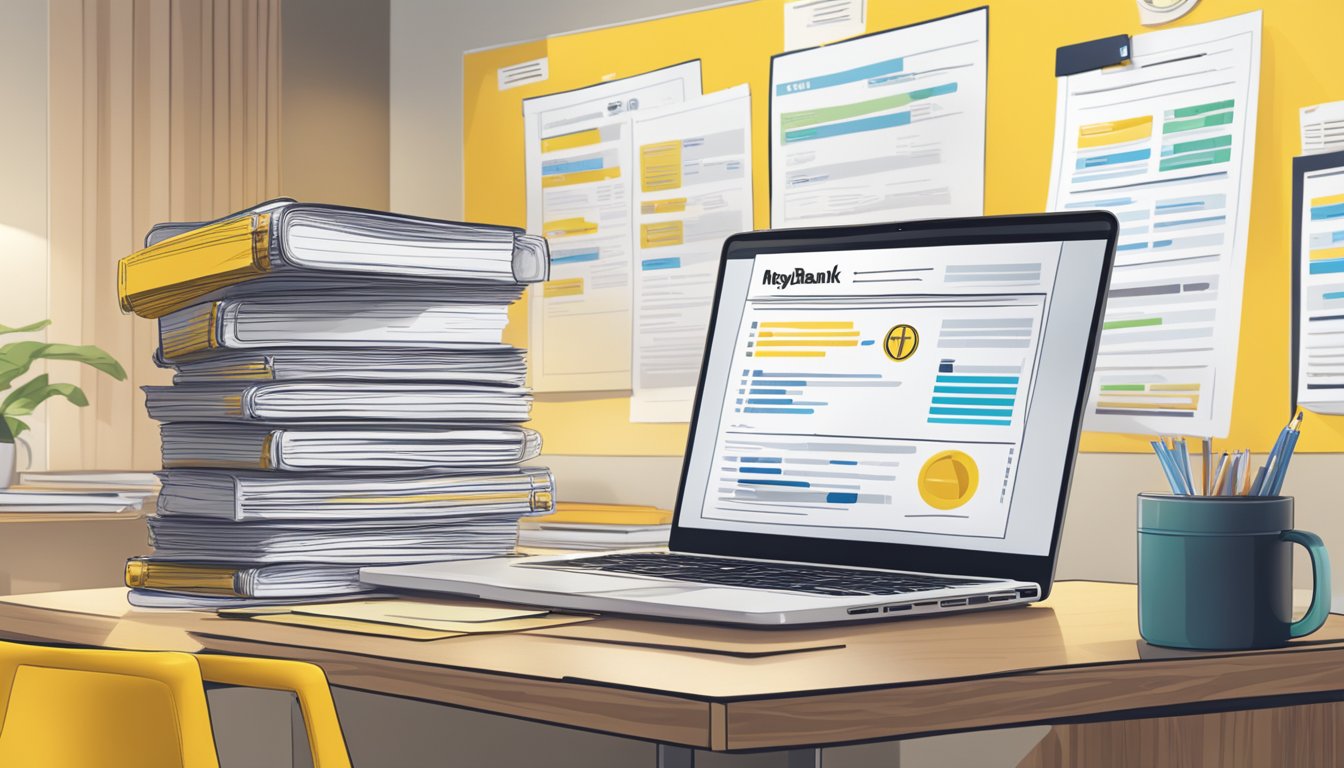 A stack of documents and a laptop on a desk, with a Maybank logo visible on the screen. A checklist of eligibility requirements is pinned to the wall