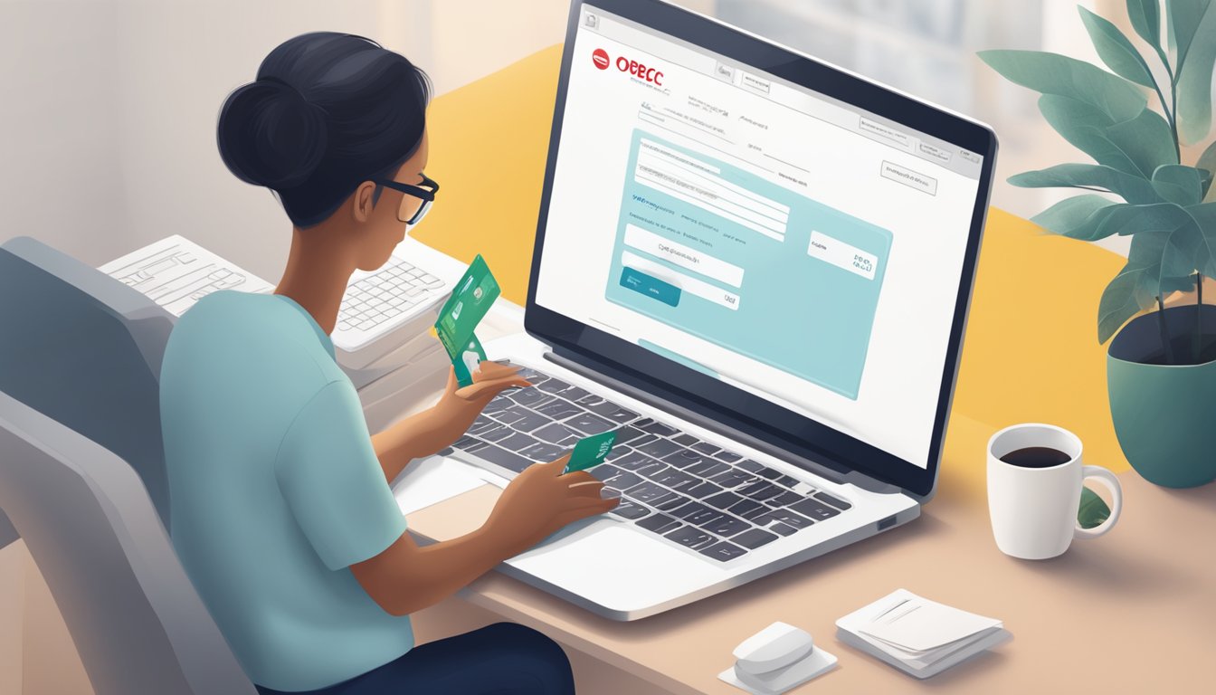 A customer filling out an ocbc easicredit application form online, with a laptop and credit card nearby