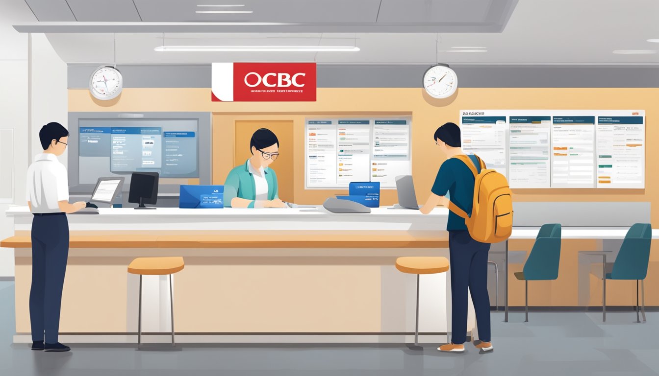 A person fills out an application form for OCBC EasiCredit at a bank counter. The eligibility criteria are listed on a poster on the wall