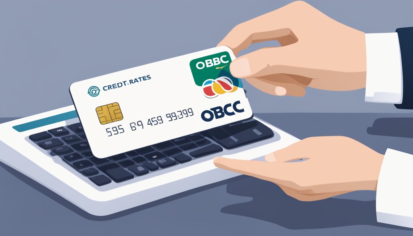A hand swiping a credit card with a backdrop of the OCBC logo, interest rates, and fees displayed on a digital screen
