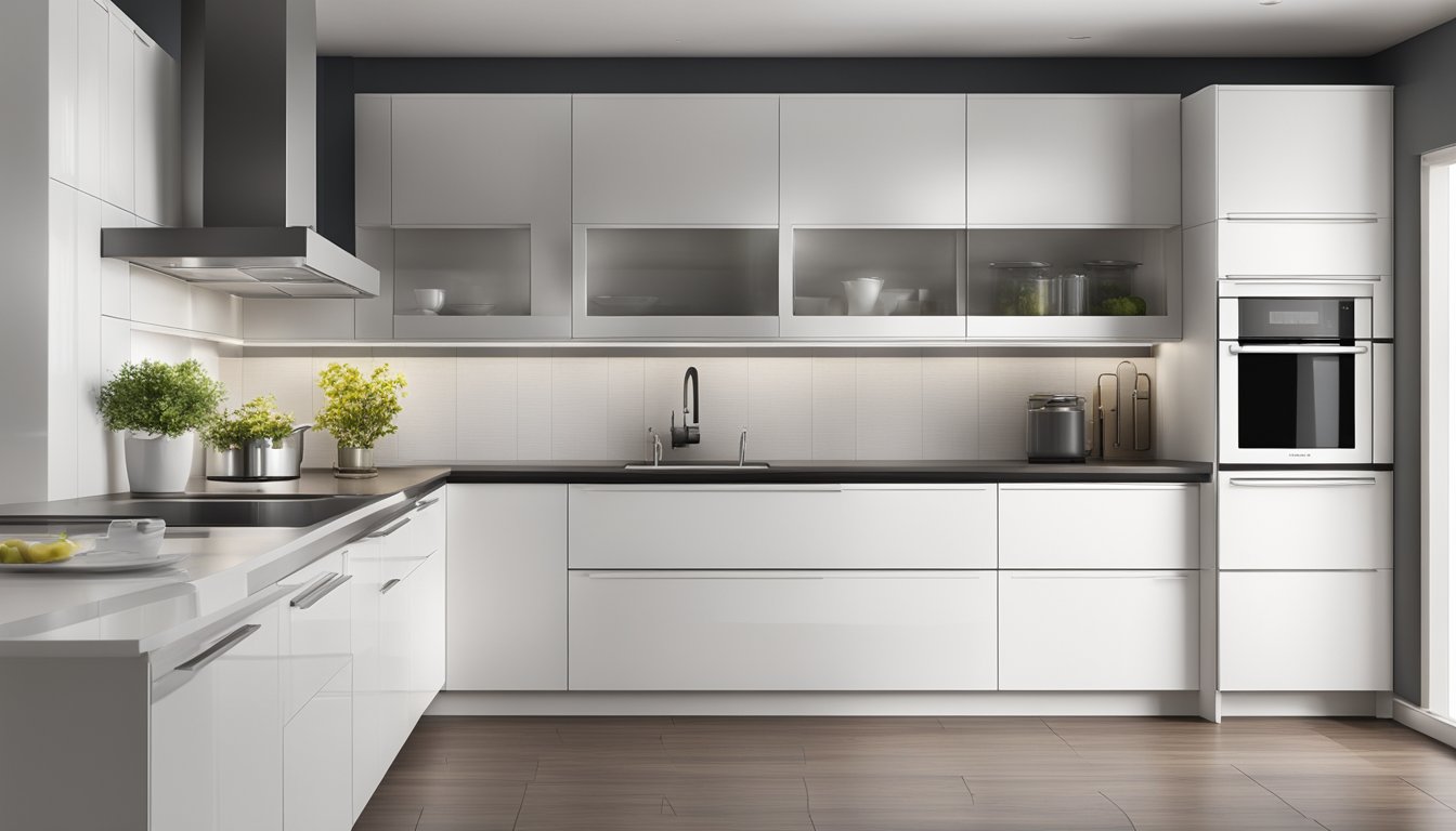 A modern kitchen with sleek, white storage cabinets and pull-out drawers, maximizing functionality and organization