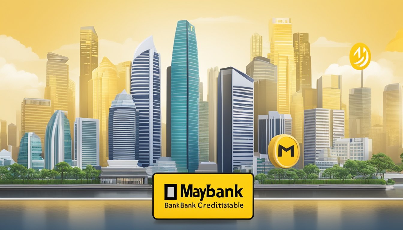 A bank logo with "Maybank Creditable Term Loan" text, surrounded by waived fee icons, set against a Singapore city skyline