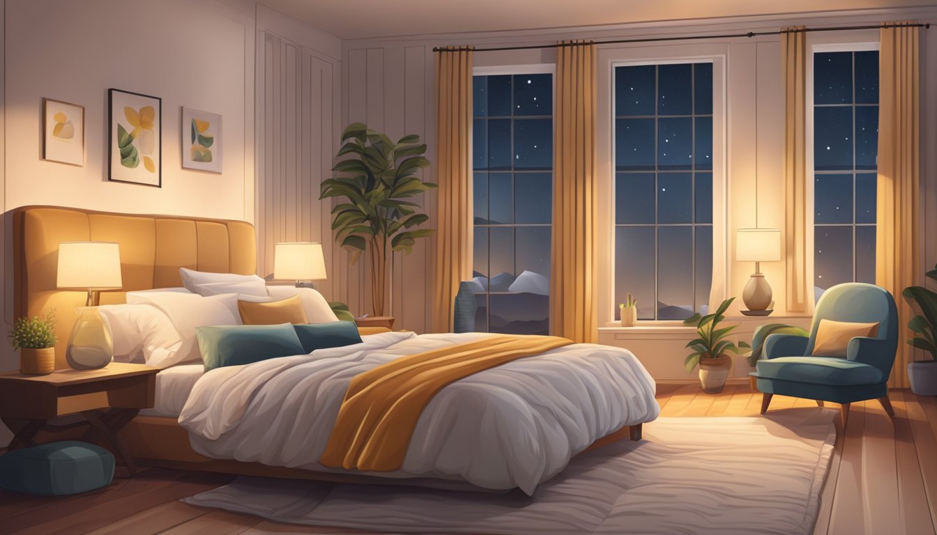 A cozy bedroom with a plush mattress and soft pillows. A warm, inviting glow from a bedside lamp