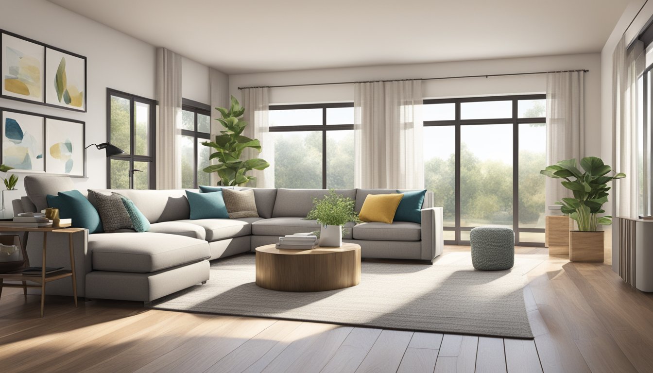 A spacious living room with a cozy, modern sectional sofa as the focal point. Large windows let in natural light, and the room is accented with stylish decor and soft, inviting textures