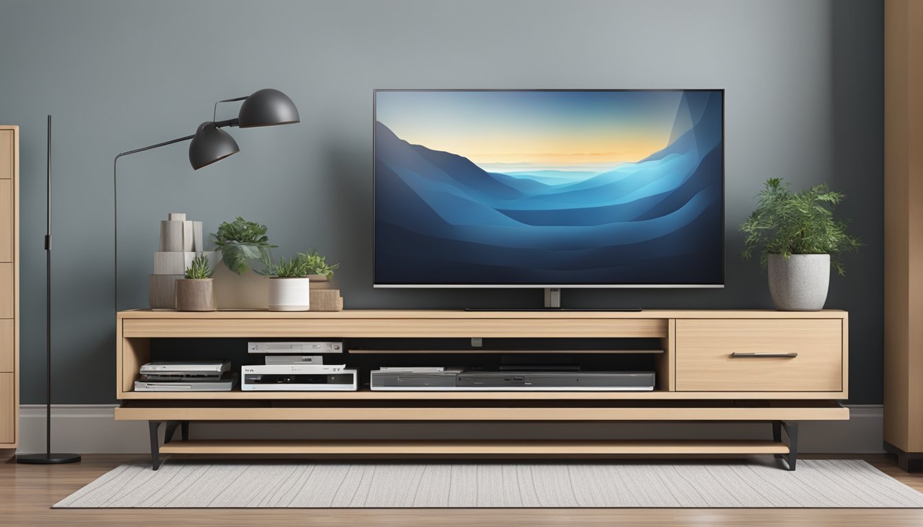 A modern TV console with sleek lines and ample storage space for electronics and media