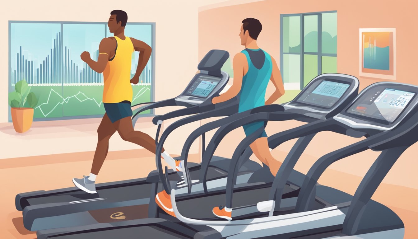 A heart rate monitor displays a high heart rate during exercise, with a person running on a treadmill in the background