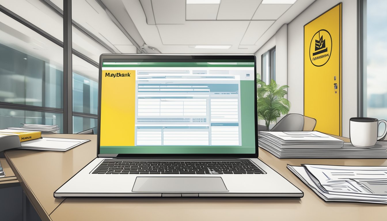 A table with a laptop, documents, and a Maybank creditable term loan application form in a modern office setting in Singapore