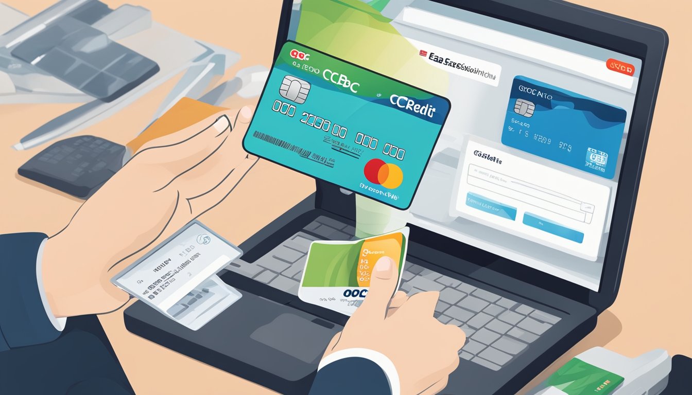 A hand holding a credit card, with a computer screen showing the OCBC Easicredit website. Various payment options are displayed on the screen