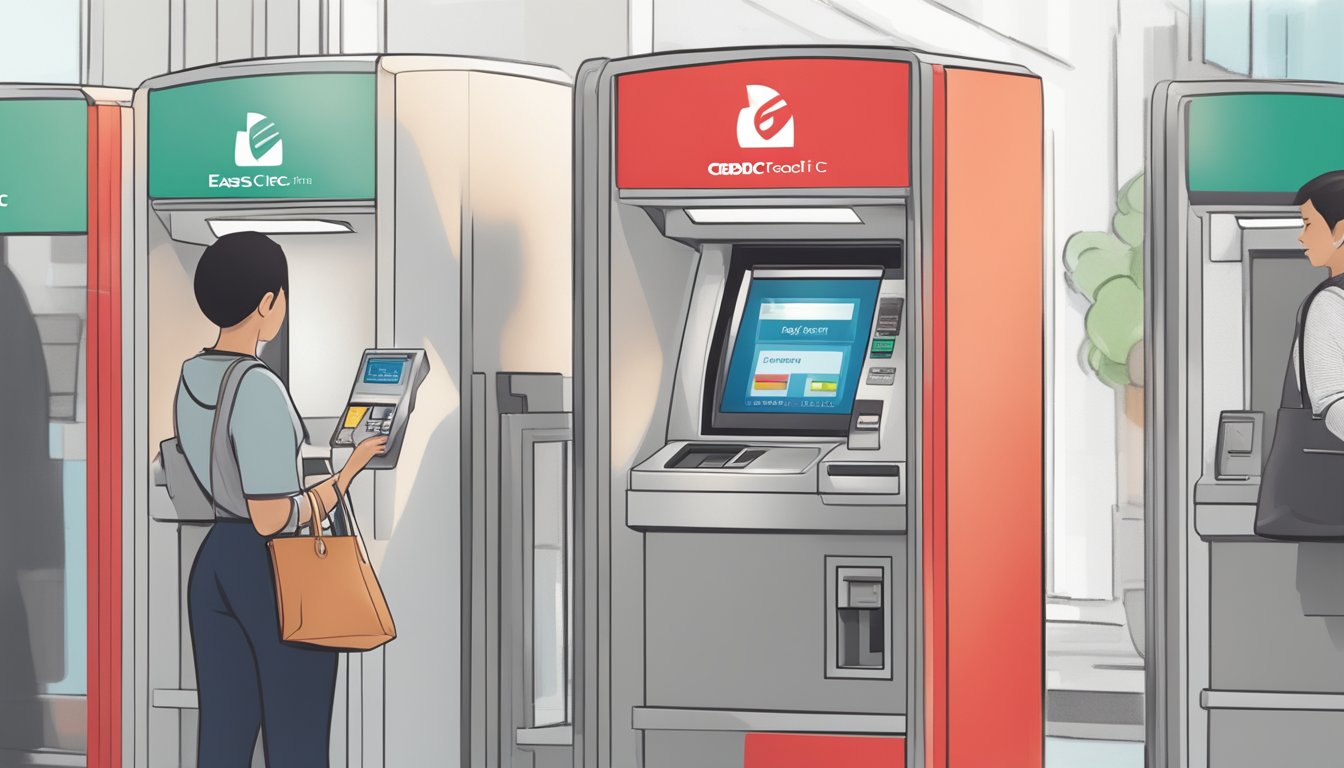 A person swiping a credit card at an OCBC ATM machine, with the Easicredit logo displayed on the screen