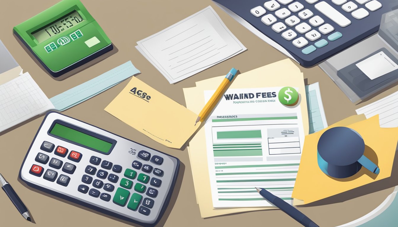 A bank logo with a "waived fees" banner, a calculator, and a contract document on a desk