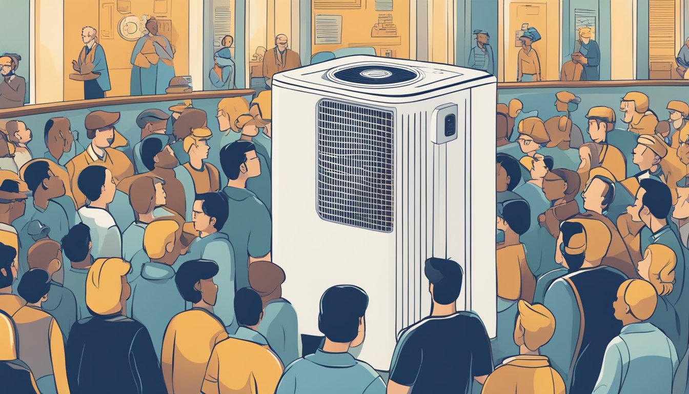 A sleek, modern air conditioner sits on a pedestal, surrounded by a crowd of curious onlookers. The words "Frequently Asked Questions" are prominently displayed on the front of the unit