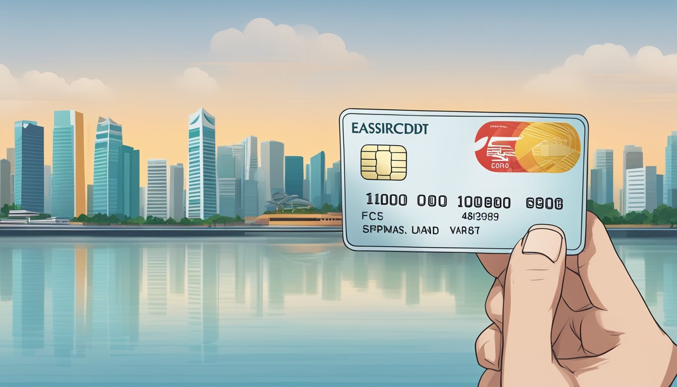 A hand holds an OCBC Easicredit card with a Singapore skyline in the background, symbolizing repayment options and annual fees