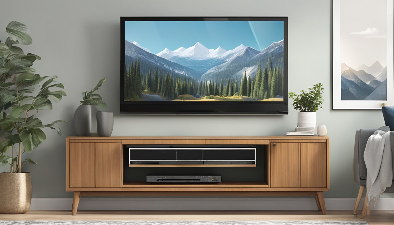 A sleek TV console with built-in storage compartments and adjustable shelves. The design features clean lines and modern finishes, providing a stylish and functional solution for organizing media equipment and accessories