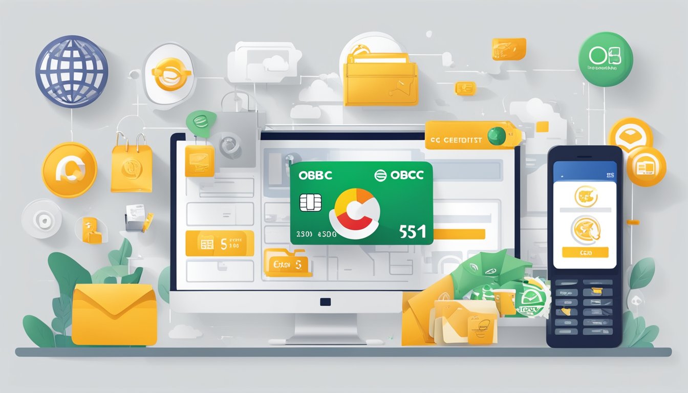 A credit card with "OCBC Easicredit" logo surrounded by icons representing additional services and features, with "Annual Fee" displayed prominently
