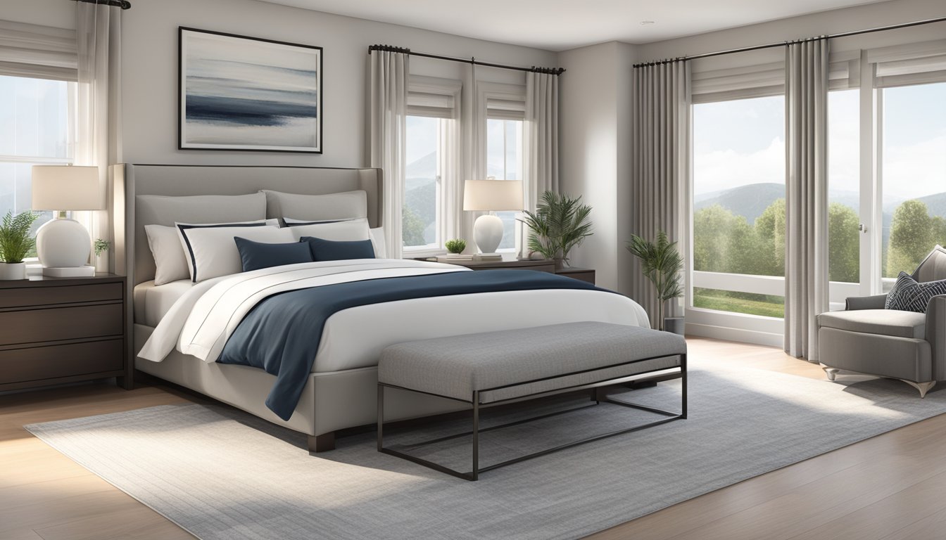A spacious bedroom with a sleek, modern king size bed as the focal point. Clean lines and luxurious bedding create a serene and inviting atmosphere