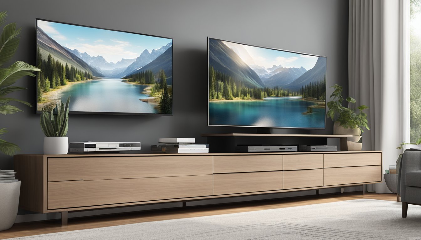 A sleek, modern TV console with ample storage space and clean lines. The design should incorporate shelves, drawers, and cabinets for organizing electronics and accessories