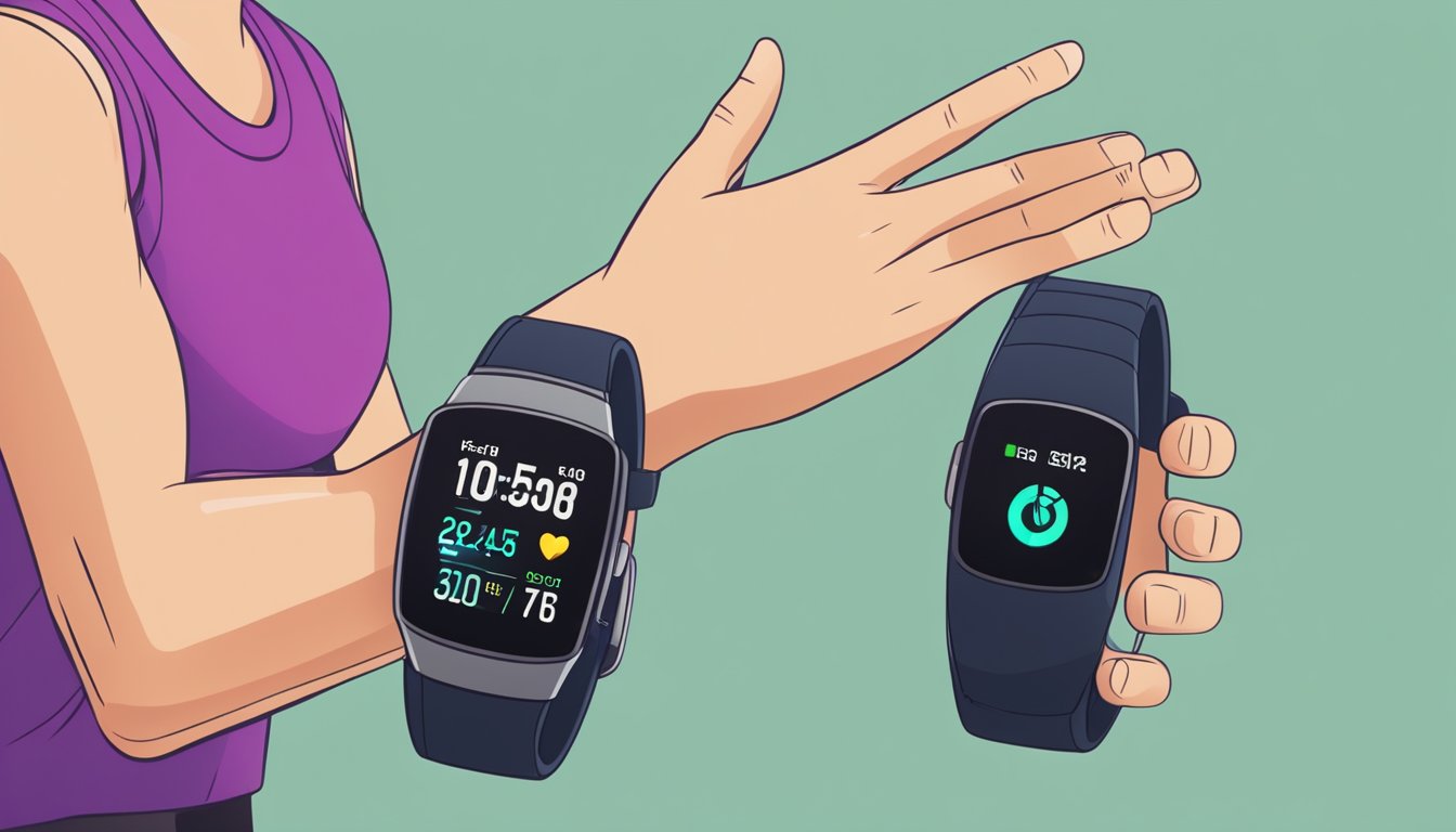 A person wearing a fitness tracker checks their pulse while exercising, with a heart rate monitor displaying their max heart rate