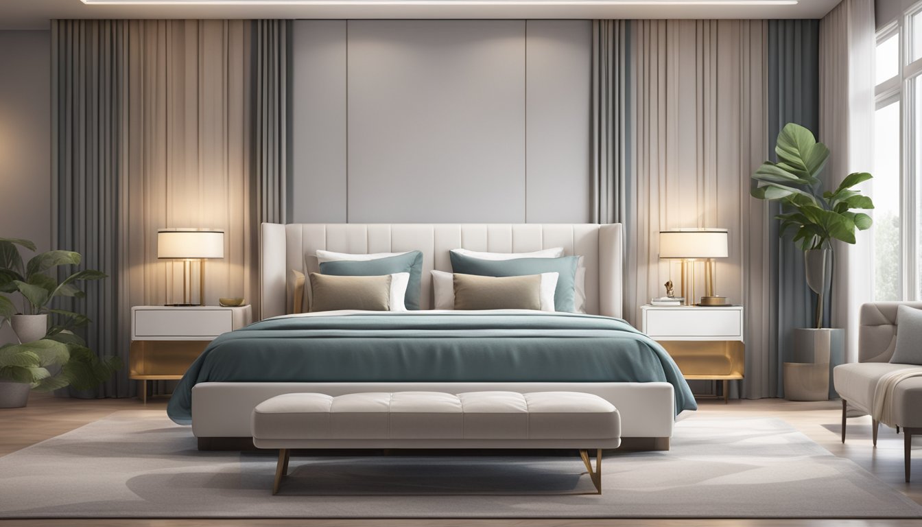 A king size bed with a white headboard and luxurious bedding, set against a backdrop of a modern bedroom with soft lighting and sleek furniture