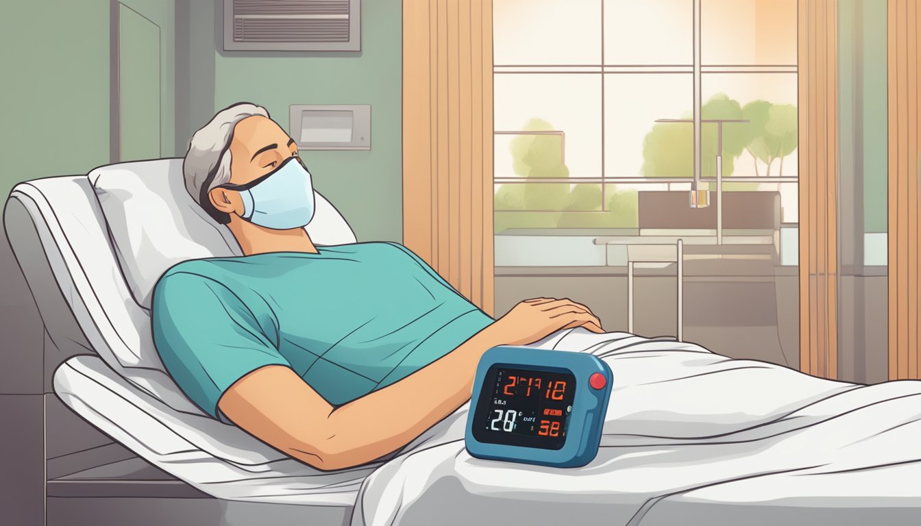 A person lying still, with a thermometer showing low temperature and a heart rate monitor displaying a slow, steady beat