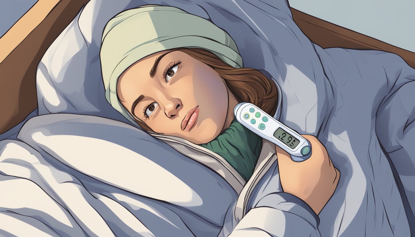 A person lying in bed with a thermometer nearby, covered in blankets with a cold pack on their forehead