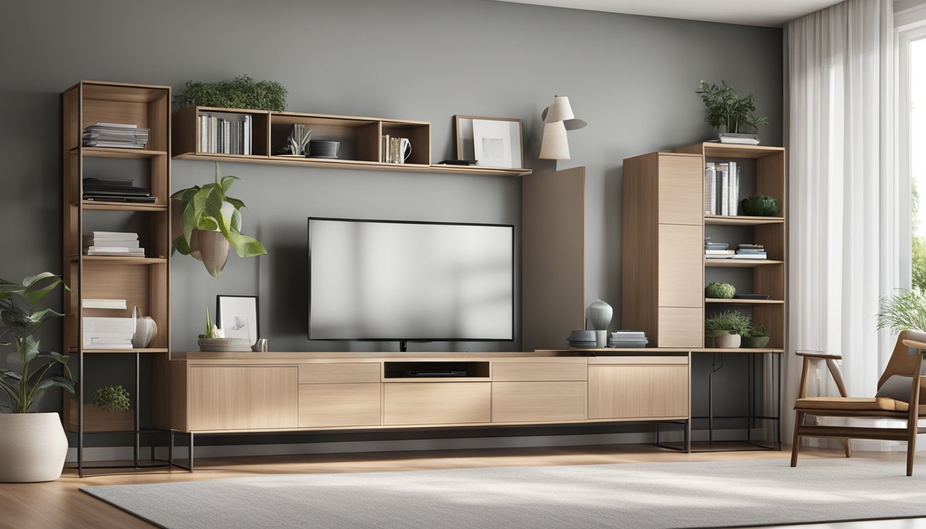 A modern TV console with multiple storage compartments and sleek design, situated in a well-lit living room with minimalist decor