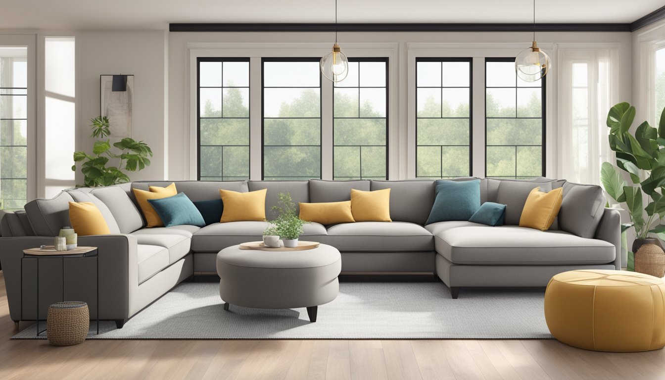 A modern sectional sofa in a spacious living room with clean lines and comfortable cushions, surrounded by stylish decor and ample natural light