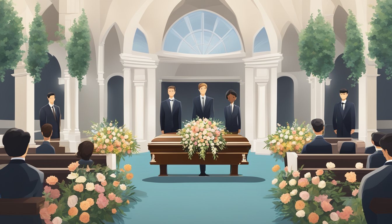A serene funeral service setting with floral arrangements, a casket, and mourners paying their respects