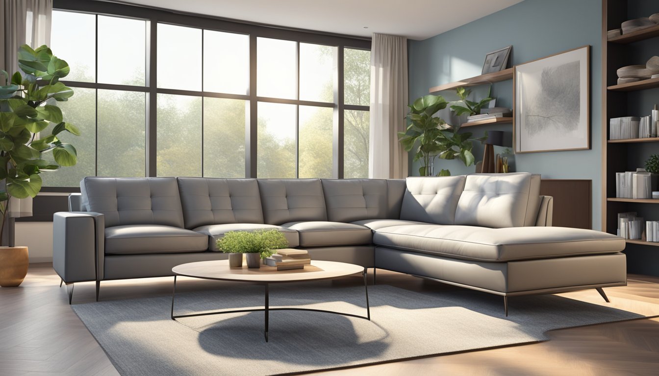 A modern leather L-shaped sofa sits in a spacious living room, bathed in natural light from large windows