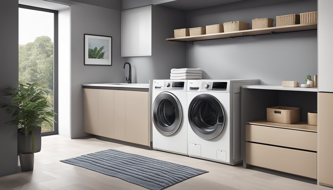 A Toshiba washer dryer sits in a modern laundry room, with a sleek design and digital display. Clothes are neatly folded nearby