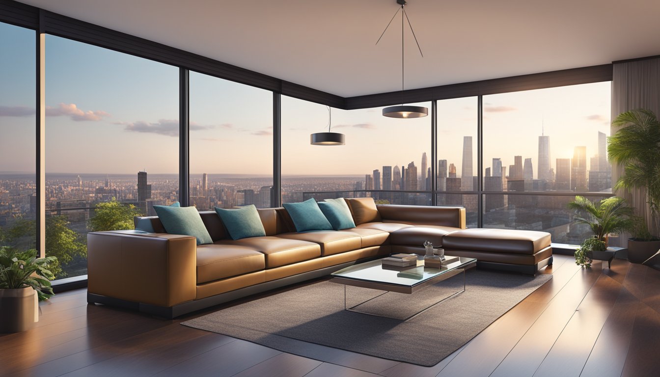 A leather L-shaped sofa in a modern living room with a glass coffee table and a large window overlooking a city skyline