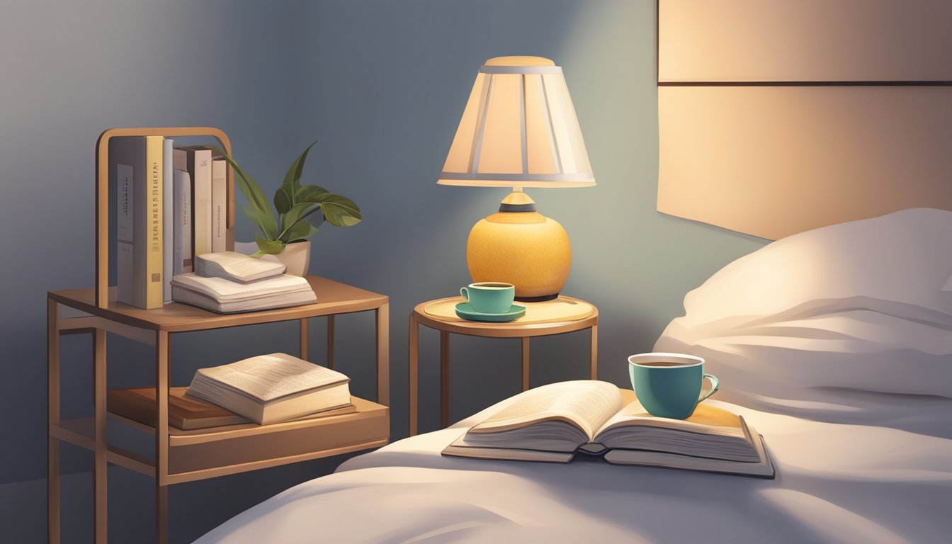 A small bedside table in a cozy Singapore bedroom, adorned with a lamp, a book, and a cup of tea
