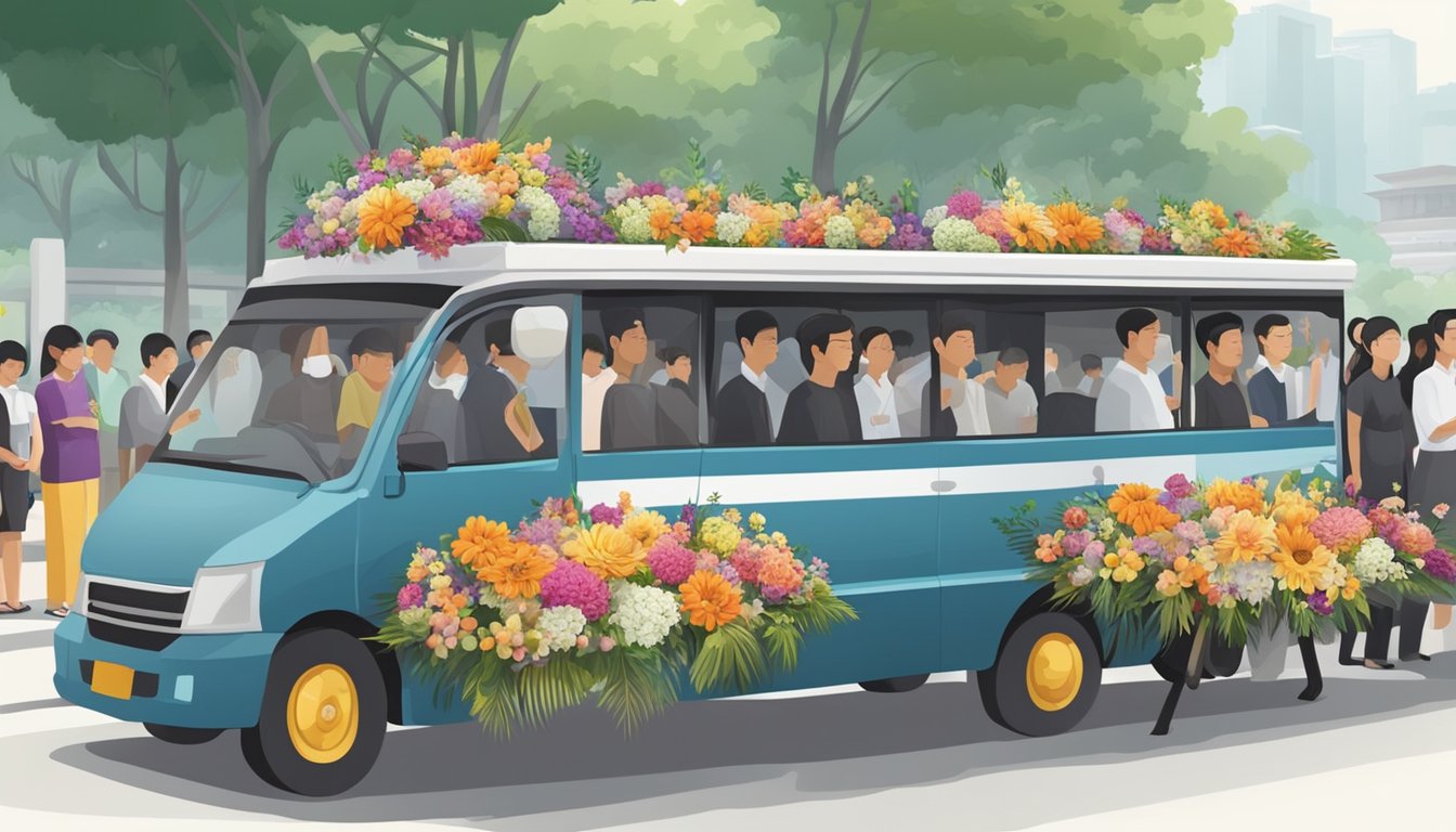 A funeral procession in Singapore, with colorful floral arrangements and offerings, as people pay respects to the deceased in accordance with religious and cultural traditions