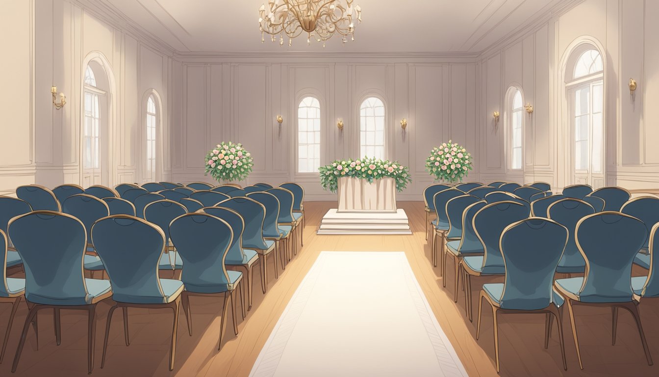 A somber room with chairs arranged in rows, a podium at the front, and a table displaying floral arrangements and memorial items