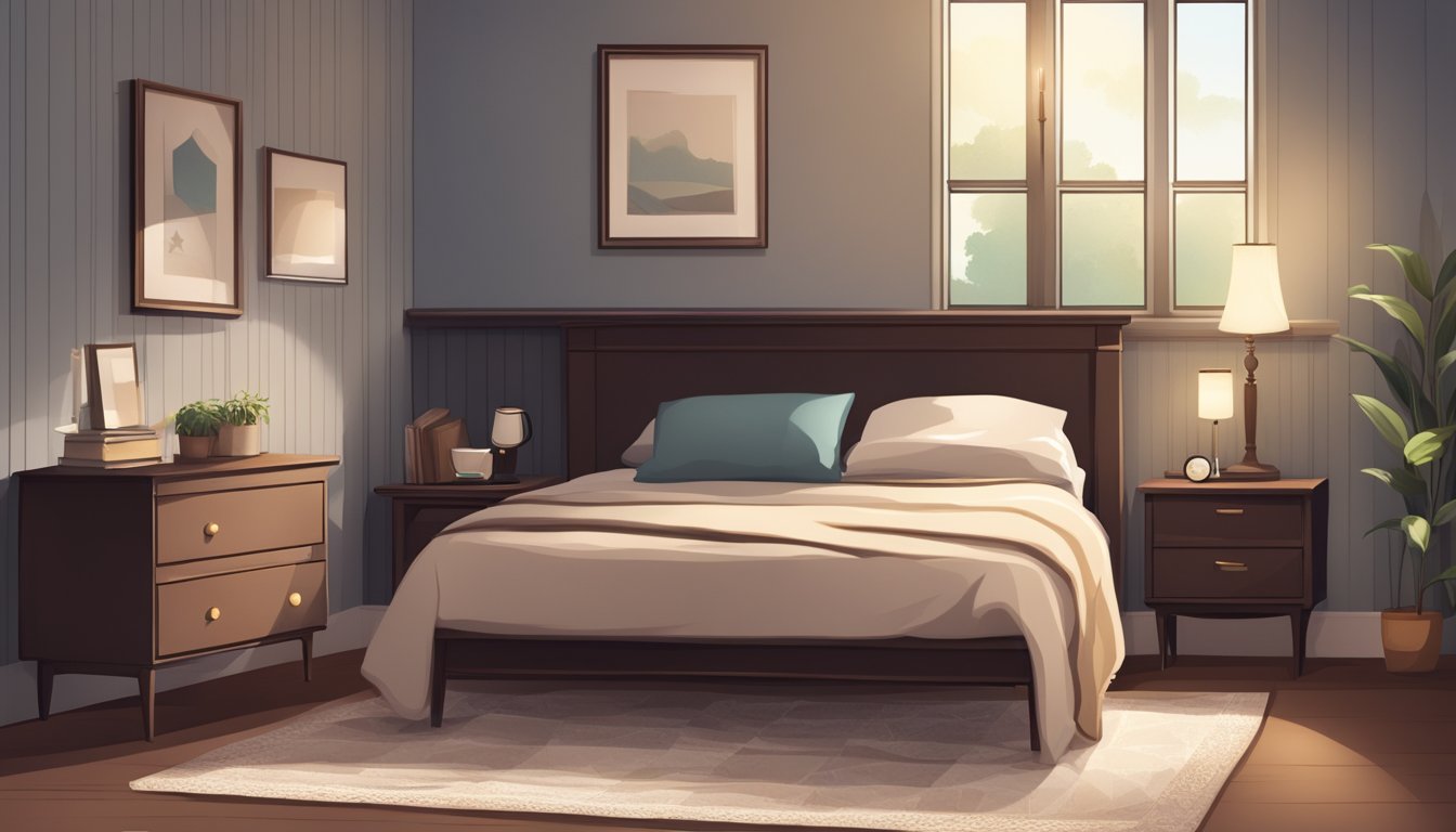 A cozy bedroom with a small bedside table holding a lamp, a book, and a cup of tea. The table is made of dark wood and has a simple, elegant design