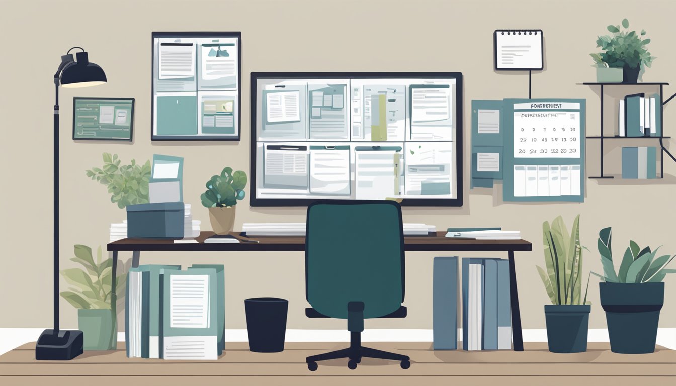 A funeral planner sits at a desk with a computer, surrounded by paperwork, brochures, and a phone. A calendar on the wall displays upcoming appointments