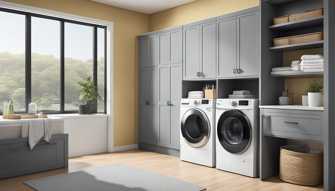 A sleek Toshiba washer dryer sits in a modern laundry room, with digital controls and a clear display panel. Dimensions and features are highlighted in the foreground