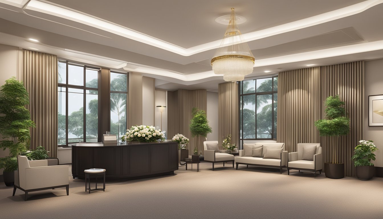 A serene funeral planning office in Singapore, adorned with elegant decor and soothing lighting, with a dedicated area for repatriation services