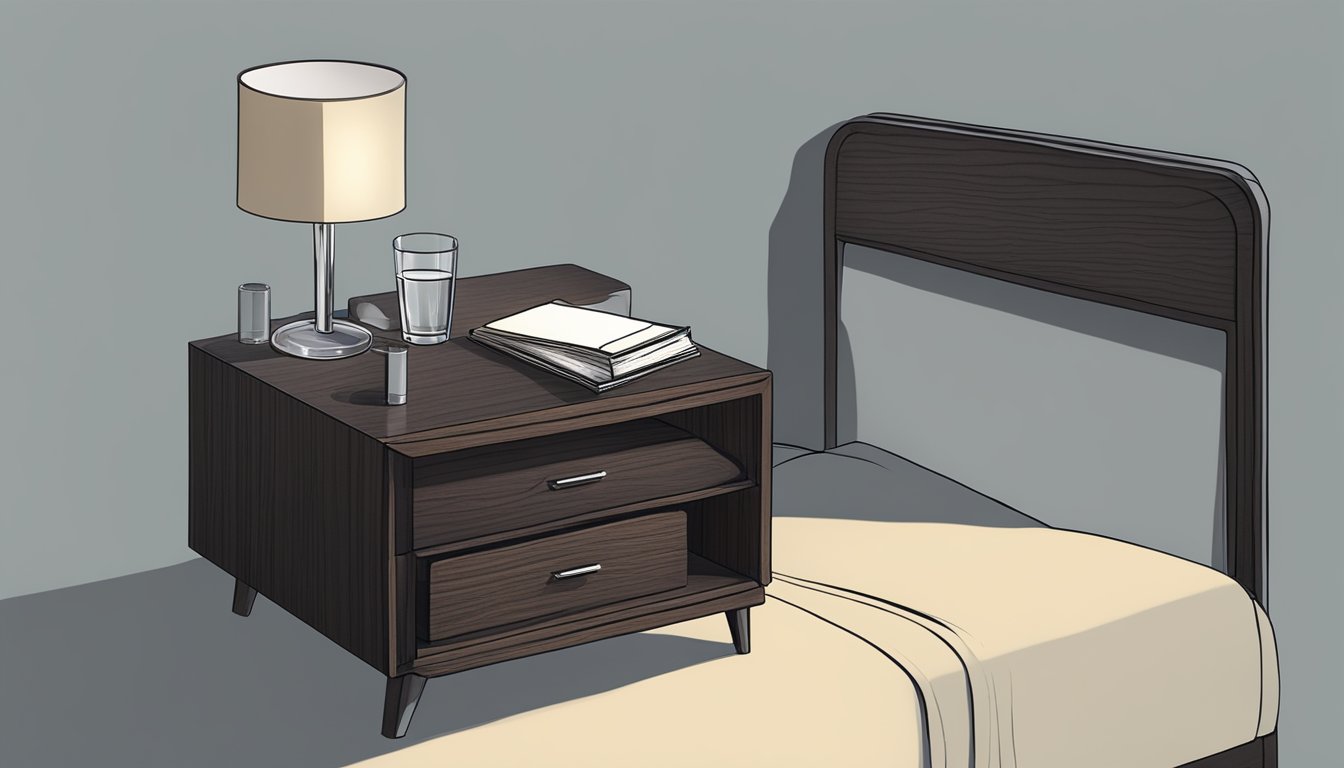 A small bedside table sits next to a bed, holding a lamp, book, and glass of water. The table is made of dark wood with sleek, modern design