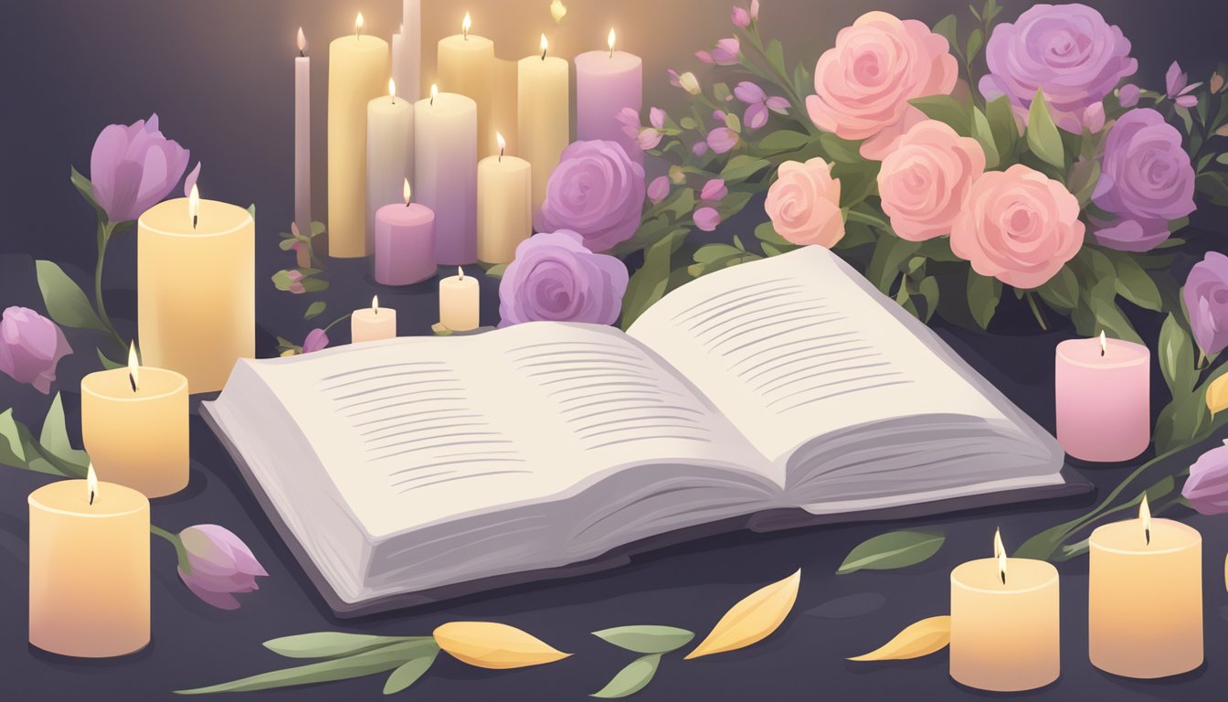A serene funeral planning guidebook surrounded by comforting flowers and candles