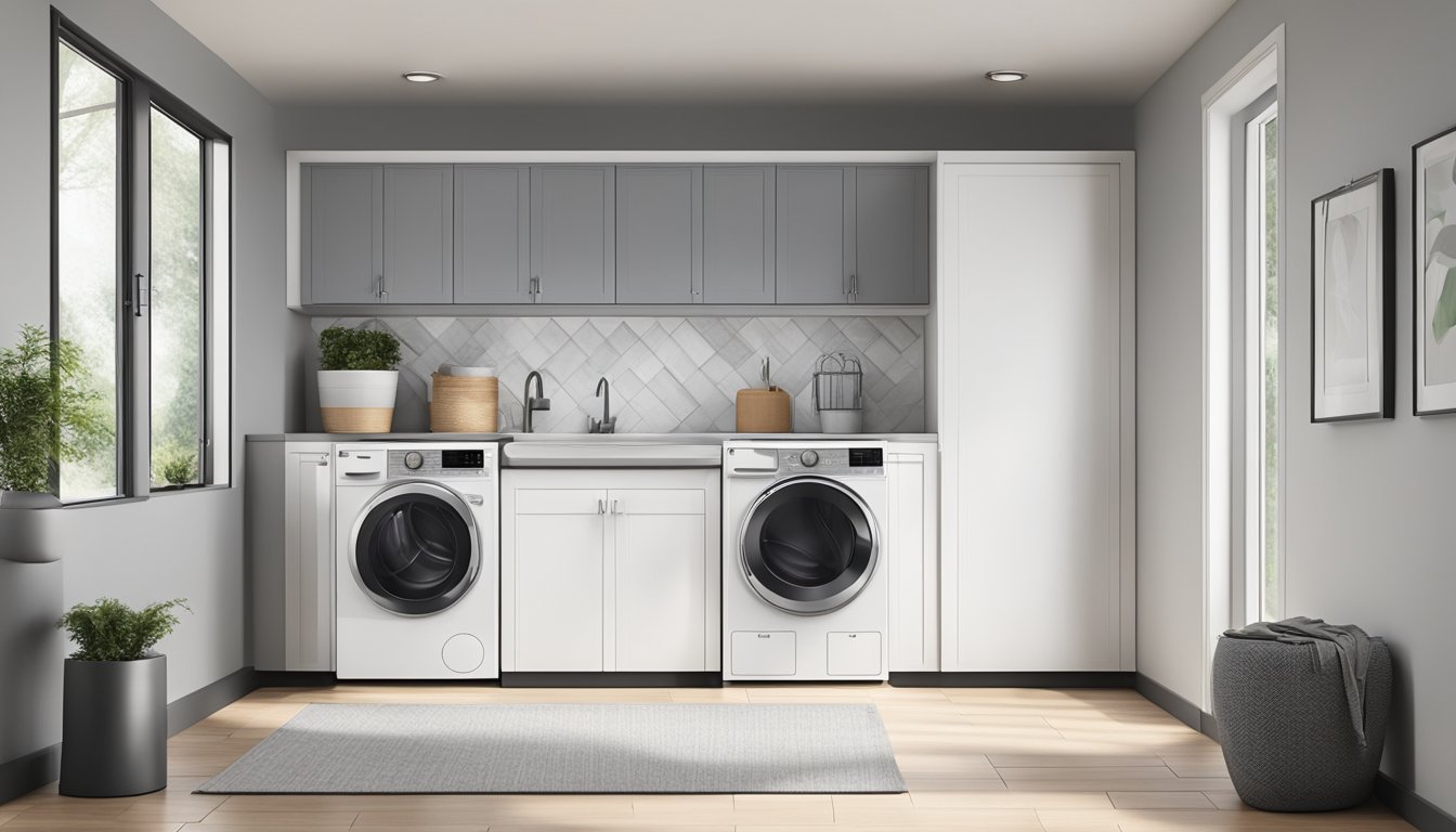 A stackable Toshiba washer dryer with a digital display, buttons, and a front-loading door sits in a modern laundry room with white walls and tile flooring