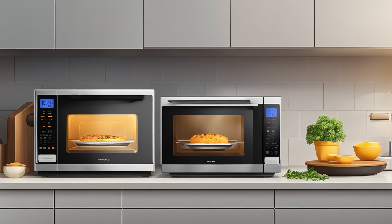 A microwave and an electric oven sit side by side on a kitchen countertop, both powered on and emitting a warm glow from their digital displays