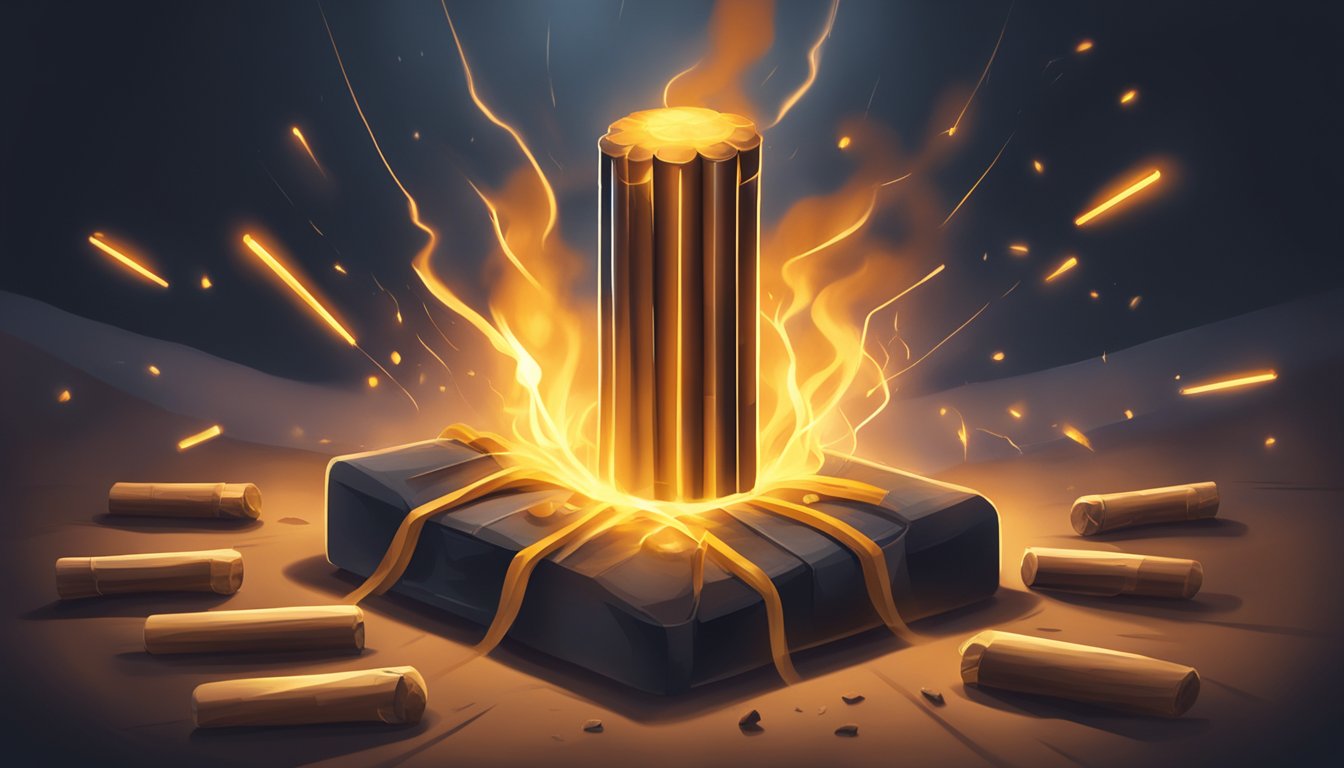 A glowing fuse sizzles towards a stack of dynamite sticks, surrounded by a dark, ominous atmosphere