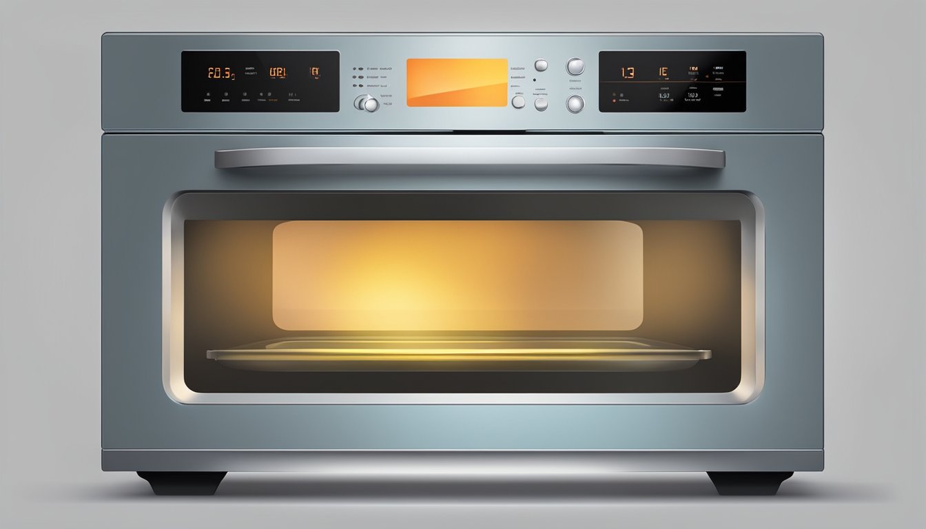 A microwave and electric oven sit side by side, emitting heat and light as they cook food. The microwave hums softly while the oven glows with warmth