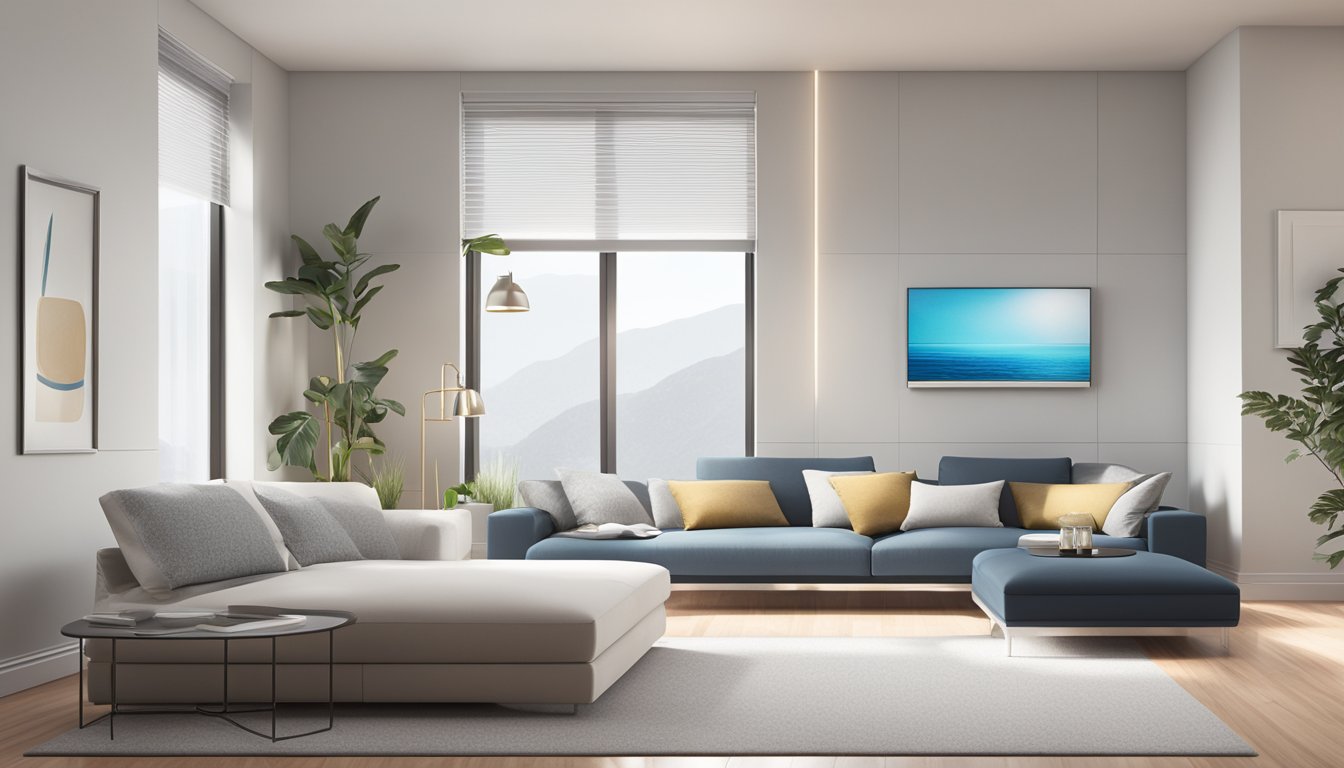 A sleek, modern air conditioning unit stands prominently in a well-lit room, surrounded by clean, minimalist decor