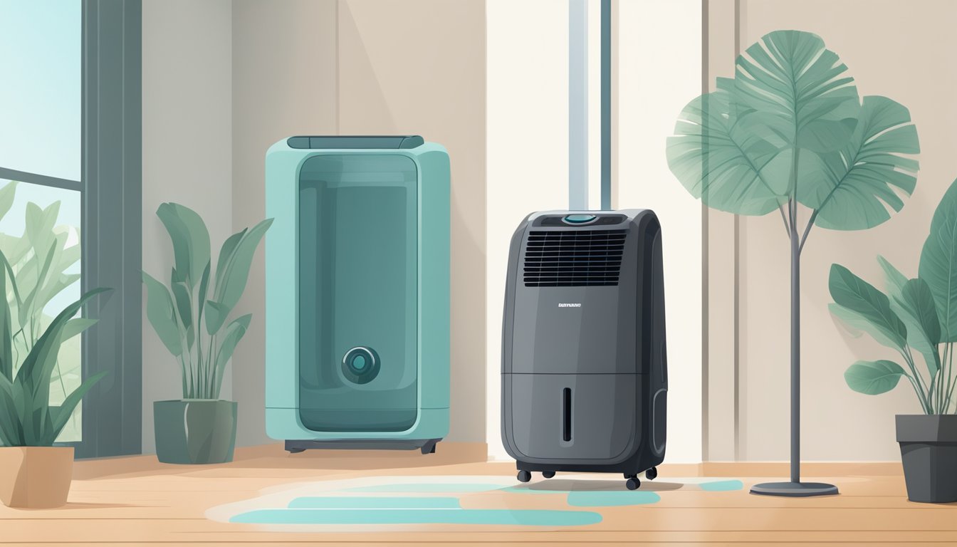 A dehumidifier sits in a warm, humid room, with moisture collecting in its tank as it works to remove excess humidity from the air