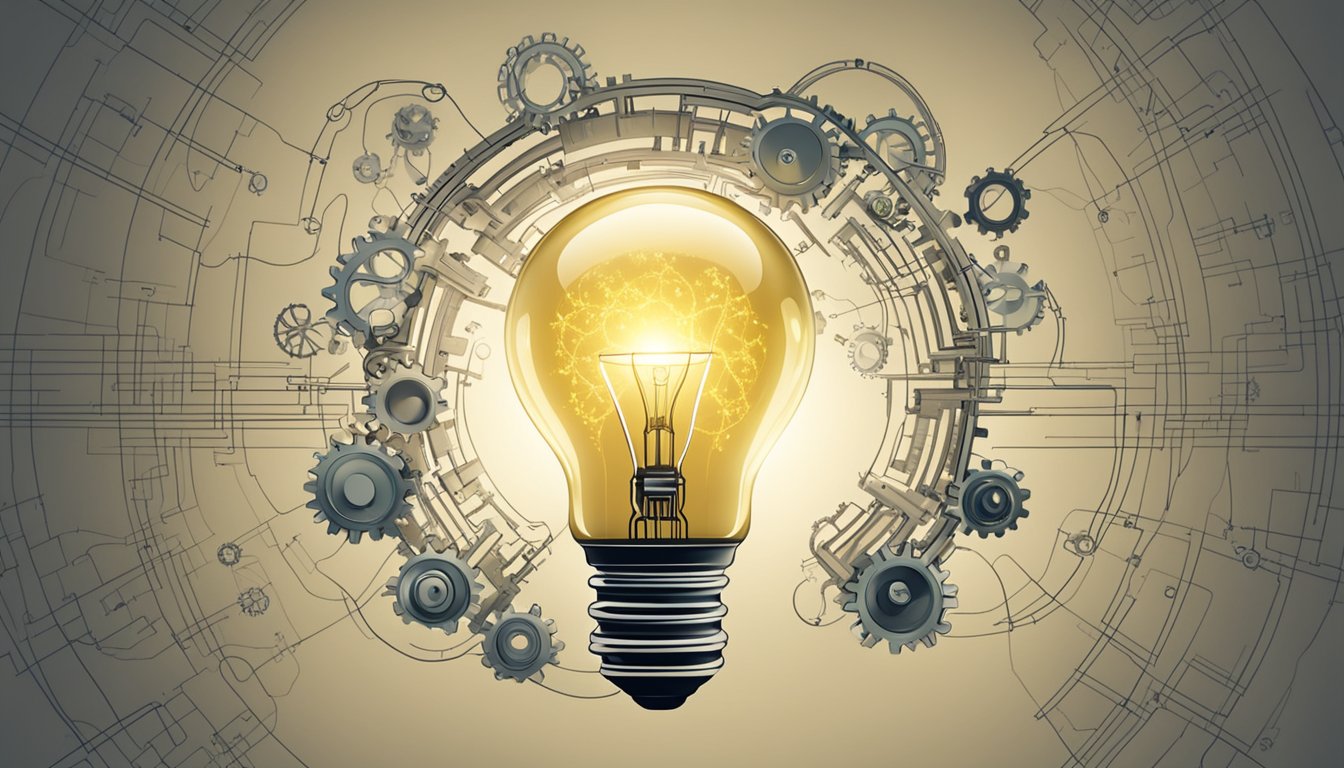 A glowing light bulb surrounded by interconnected gears and circuits, symbolizing the fusion of ideas and technology in "Our Services" concept