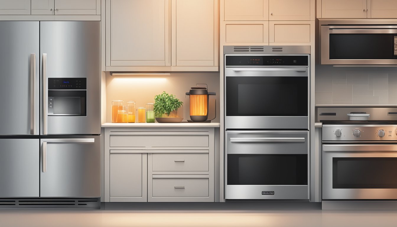 A microwave and electric oven sit side by side, each emitting a warm glow. The microwave displays a digital timer, while the oven's heating element glows red hot